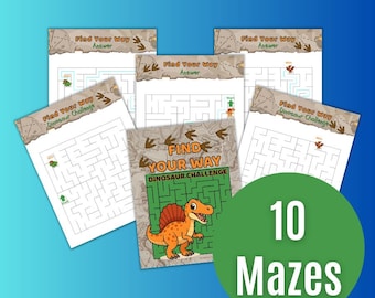 May include: A collection of ten dinosaur-themed mazes. The mazes are printed on white paper with a brown border and the text "Find Your Way". A green circle displays the number "10" and the word "Mazes".
