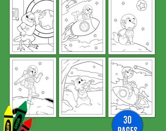 May include: A coloring book with six pages featuring line art of animals in space suits and rockets. The book includes a blue circle with the text "30 PAGES" and three crayons in yellow, green, and red.