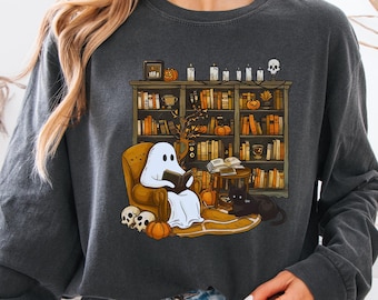 Comfort Colors® Ghost Book Reader Sweatshirt, Reading Tee Book lover gift Reading enthusiast book shirt ghost reader tee, Boo Sweatshirt