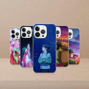 May include: A collection of five phone cases featuring anime-style illustrations. The cases display various scenes with characters in vibrant colors, set against backgrounds of starry skies and sunsets. The cases are designed to fit a smartphone.