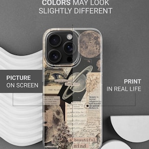 Pode incluir: Capa de telefone transparente com um design de colagem vintage com planetas, luas e ilustra&ccedil;&otilde;es bot&acirc;nicas. A capa inclui o texto "a beautiful mind" e "beauty is terror".