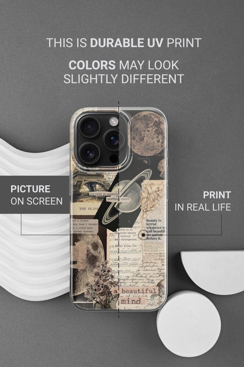 Pode incluir: Capa de telefone transparente com um design de colagem vintage com planetas, luas e ilustra&ccedil;&otilde;es bot&acirc;nicas. A capa inclui o texto "a beautiful mind" e "beauty is terror".