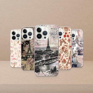Op de afbeelding: Een verzameling telefoonhoesjes met Parijse ontwerpen. De hoesjes tonen afbeeldingen van de Eiffeltoren, vintage script en andere Parijse elementen in verschillende stijlen en kleuren. De hoesjes zijn ontworpen voor een smartphone.