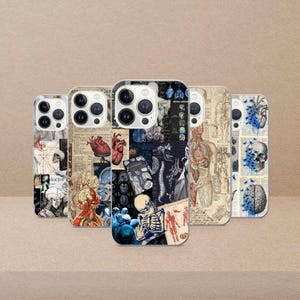 May include: A collection of phone cases with anatomical designs. The cases feature illustrations of the human heart, brain, and skeletal system. Some cases have text that reads "doctor" and "anatomy". The color palette includes beige, blue, and red.