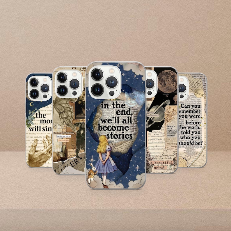 Pode incluir: Uma cole&ccedil;&atilde;o de capas de telefone com v&aacute;rios designs. Uma capa apresenta a cita&ccedil;&atilde;o "in the end, we'll all become stories" com uma ilustra&ccedil;&atilde;o de uma menina e um coelho. Outras capas t&ecirc;m designs celestiais e de inspira&ccedil;&atilde;o vintage.
