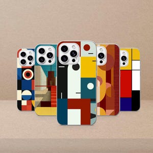 May include: Five smartphone cases arranged in a row, each featuring distinct geometric patterns in primary colours like red, blue, yellow, black, and white. The designs include abstract shapes, lines, and architectural perspectives on the back panels.