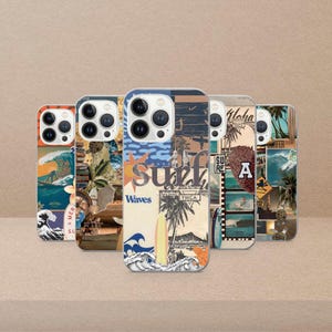 May include: Five phone cases with surf-themed designs. The cases feature images of waves, palm trees, and the word "surf". The cases have a collage aesthetic with various colours and textures.