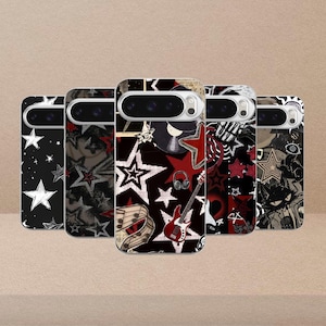 May include: Five phone cases with unique designs. The cases feature a variety of patterns, including stars, musical notes, and a red guitar. The color palette includes black, white, and red, creating a bold and eye-catching aesthetic.