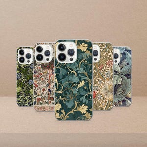 May include: A collection of five phone cases with floral patterns. The cases feature various designs, including green and gold leaves, and colorful botanical illustrations. The cases are arranged in a row, showcasing their unique designs.