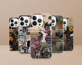 May include: A collection of phone cases with collage designs. The cases feature various images, including a skeleton, a deer, and text that reads "I Want to Believe" and "Close the Wood Area". The cases have a vintage, scrapbook aesthetic.