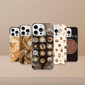 May include: Five smartphone cases featuring coffee-themed designs. The designs include swirling latte art, a top-down view of various coffee cups on a wooden table, a pattern of small coffee icons, and a black case with a chemical caffeine molecule.