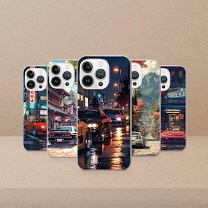 May include: A collection of five phone cases featuring vibrant illustrations of cars in various urban and natural settings. Each case showcases a different scene, including cityscapes and mountain roads, with a focus on automotive themes.