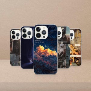 May include: A selection of phone cases with diverse designs. One case shows a night sky with a crescent moon and clouds, and the text "Fireheart You Do Not Yield". Other cases feature illustrations and text.