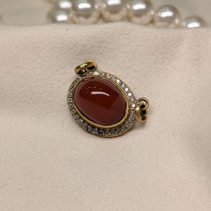 Vintage Brass Oval Carnelian Connector Pendant - Double Loop Red Stone Necklace Charm