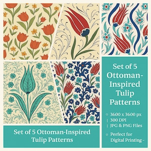 May include: Set of 5 Ottoman-inspired tulip patterns. The patterns feature red, blue, and teal tulips with floral and swirling designs on a cream background. The image includes the text "Set of 5 Ottoman-Inspired Tulip Patterns".