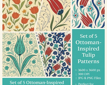 Zestaw 5 wzorów tulipanów osmańskich Iznik | Islamska sztuka ścienna z niebieskimi kwiatami