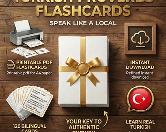 Fiszki z tureckimi przysłowiami, nauka języka, karty z idiomami do druku w formacie PDF, dwujęzyczne narzędzie do nauki w domu (ESL)