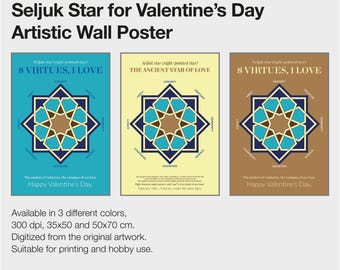 Plakat z gwiazdą seldżucką na Walentynki, do pobrania w wersji cyfrowej, sztuka ścienna w islamie, cnoty duchowe, romantyczny wydruk