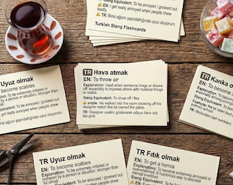 Fiszki ze slangiem tureckim, nauka języka, karty z idiomami do druku w formacie PDF, przewodnik do nauki dla miłośników dramatu dwujęzycznego