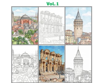 Kolorowanka z indykiem w formacie PDF, miejsca historyczne, starożytne ruiny, architektura, strona relaksacyjna dla dorosłych, prezent podróżniczy