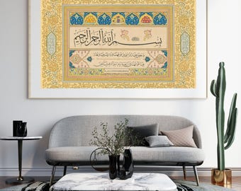Bismillah Arabska kaligrafia Islamska sztuka ścienna Złote liście iluminacja Cyfrowe pobieranie plakatu Koranu
