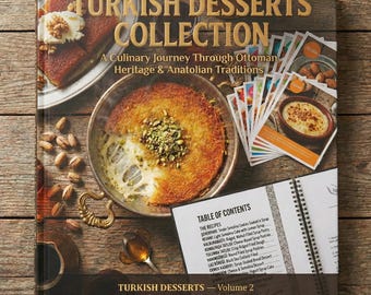 Turecka książka kucharska z deserami, przepis na kunefe, syrop, słodycze, Tulumba Revani, książka do druku, przewodnik po ciastach osmańskich