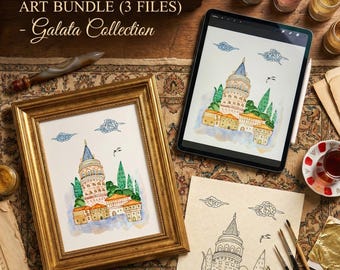 Sztuka ścienna Stambułu, Wieża Galata, wydruk akwarelowy, pejzaż miejski, cyfrowa do pobrania, do wydrukowania, kolorowanka