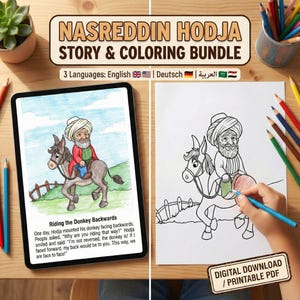 May include: A digital download story and coloring bundle featuring Nasreddin Hodja. The image shows a tablet with a colored illustration of Hodja riding a donkey backward, and a coloring page with the same illustration. Text includes "Riding the Donkey Backwards".