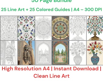Kolorowanka z motywem islamskim, sztuka osmańska, strony Procreate, geometryczne kwiaty, do druku dla dorosłych, zestaw 50 stron