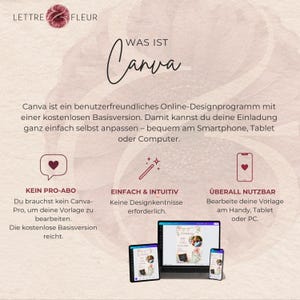 May include: An informational graphic titled WAS IST Canva featuring the Lettre Fleur logo. It explains that Canva is an online design program for customizing invitations on smartphones, tablets, or computers, highlighting no Pro subscription is needed.