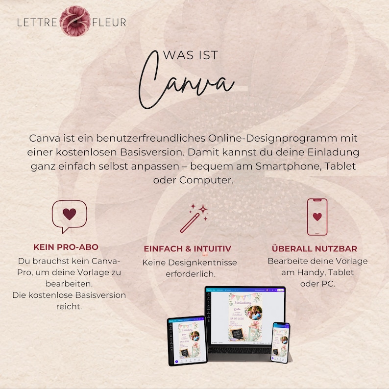 May include: An informational graphic titled WAS IST Canva featuring the Lettre Fleur logo. It explains that Canva is an online design program for customizing invitations on smartphones, tablets, or computers, highlighting no Pro subscription is needed.