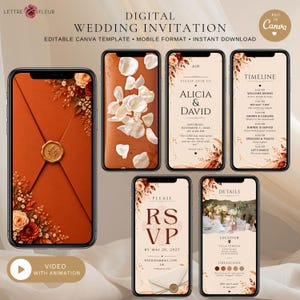 Può includere: Un set di sei modelli di invito a nozze digitale visualizzati su schermi di smartphone, con una palette di colori terracotta e crema, accenti floreali, grafiche con sigillo in ceralacca e testo che include Alicia e David, RSVP e il programma.