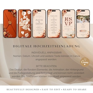 May include: Six smartphone screens displaying a digital wedding invitation suite with a terracotta and cream color palette, featuring floral accents, wax seals, and text including Alicia & David, Timeline, RSVP, and Details, all editable in Canva.