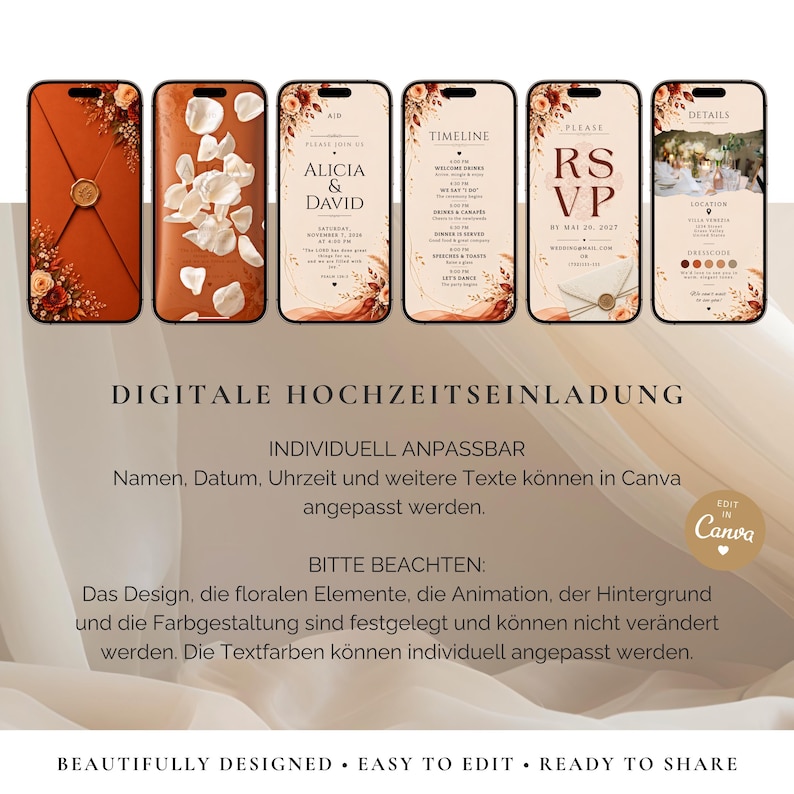 May include: Six smartphone screens displaying a digital wedding invitation suite with a terracotta and cream color palette, featuring floral accents, wax seals, and text including Alicia & David, Timeline, RSVP, and Details, all editable in Canva.