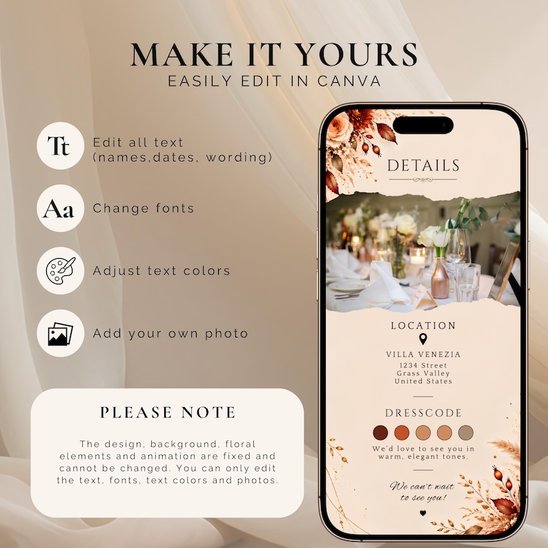 May include: A digital invitation template displayed on a smartphone screen featuring floral accents and text fields for event details. The interface includes instructions for editing text, fonts, colors, and photos, with a note on fixed design elements.