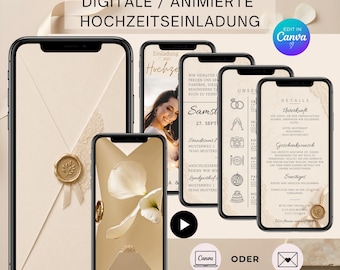 Animierte Einladungskarte | Digitale Hochzeitseinladung | Canva Vorlage Beige mit Spitze | Editierbar | Sofort Download | DE005