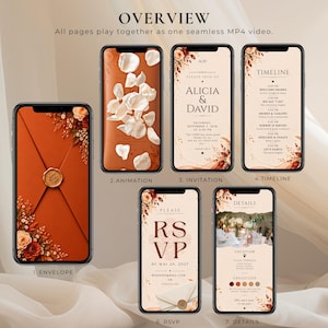 May include: Six smartphones displaying a digital wedding invitation suite with a terracotta and cream color palette. Screens show an envelope with a wax seal, an animation of petals, invitation text, a timeline, an RSVP form, and event details.