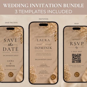 Könnte beinhalten: Ein Hochzeitseinladungs-Set mit drei digitalen Vorlagen auf Smartphones. Die Designs umfassen ein Save-the-Date, eine Einladung und eine RSVP-Karte mit QR-Code, verziert mit getrockneten Blumenakzenten und einer goldenen Wachssiegel-Grafik.