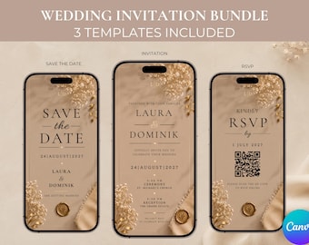 Editable Wedding Invitation Bundle, Digital Wedding Invitation Template, Save the Date, RSVP Card, Mobile Wedding Invitation, Canva Template