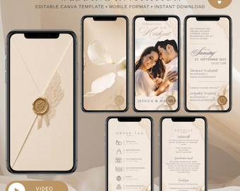 May include: A digital wedding invitation template set displayed on multiple smartphone screens. The design features a cream-colored envelope with a gold wax seal, floral accents, and customizable text fields for event details, dates, and locations.