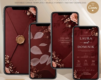 Digital Wedding Invitation | Animated Wedding Invitation | Canva Template | Mobile Wedding E-Vite | Burgundy Floral | AE006