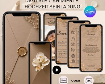 Geanimeerde uitnodigingskaart | Digitale trouwuitnodiging bruin-goud | Canva-sjabloon | Bewerkbaar | Direct downloaden | DE004