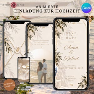 Könnte beinhalten: Drei Smartphones zeigen digitale Hochzeits-Einladungsvorlagen mit cremefarbenem Hintergrund, Olivenzweig-Illustrationen und Texten wie "Save the Date", "Anna & Rafael" sowie "Samstag 20 September 2027" vor einer Strandkulisse.