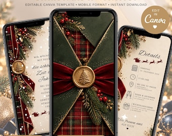 Digital Christmas Invitation | Red, Green & Gold | Christmas Music | Canva Template | Animated Video Invitation XMAS | Mobile Format | CI002