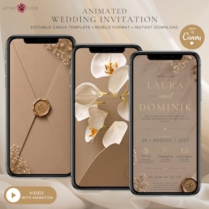 May include: Three smartphones displaying an animated wedding invitation template. The screens show a beige envelope with a gold wax seal, white calla lilies, and text in German including names Laura and Dominik with the date August 24, 2027.