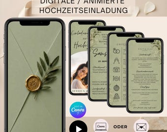 Könnte beinhalten: Fünf Smartphones zeigen eine digitale Hochzeitseinladung mit salbeigrünem Hintergrund, einem Umschlag mit goldenem Wachssiegel, einem Fotoplatzhalter, Veranstaltungsdetails, Symbolen und deutschem Text sowie einem Canva-Bearbeitungsbutton.