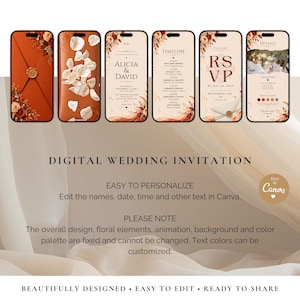 May include: A set of six digital wedding invitation templates displayed on smartphone screens, featuring a terracotta and cream color palette with floral accents, wax seal graphics, and editable text fields for event details, timeline, and RSVP.