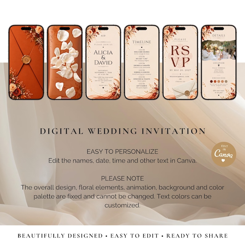 May include: A set of six digital wedding invitation templates displayed on smartphone screens, featuring a terracotta and cream color palette with floral accents, wax seal graphics, and editable text fields for event details, timeline, and RSVP.