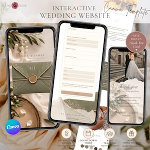 Könnte beinhalten: Eine interaktive Hochzeitswebsite als Canva-Vorlage auf drei Smartphones. Die Bildschirme zeigen ein RSVP-Formular, eine Dankeskarte und eine Einladung mit olivgrünem Umschlag und Wachssiegel. Text beinhaltet Emma & James, Thank you und Interactive Wedding Website.
