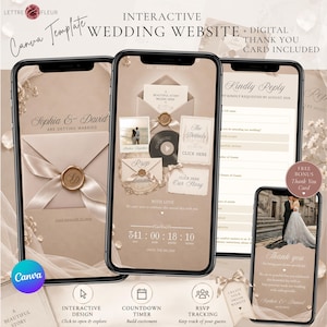 Könnte beinhalten: Eine interaktive Hochzeits-Website Canva-Vorlage, die auf mehreren Smartphone-Bildschirmen angezeigt wird. Das Design umfasst eine beige Farbpalette, Wachssiegel-Grafiken, RSVP-Formulare, einen Countdown-Timer und eine digitale Dankeskarte. Text beinhaltet Sophia & David, Kindly Reply und Click Here.